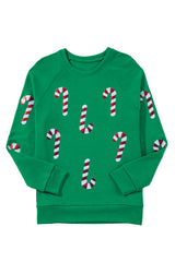 Green Christmas Candy Cane Graphic Sequins Patch Pullover Sweatshirt