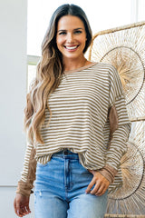 Khaki Stripe Patchwork Knit Drop Shoulder Top