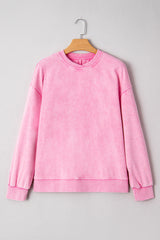 Bright Pink Mineral Wash Crossed Crew Neck Drop Shoulder Loose Sweatshirt