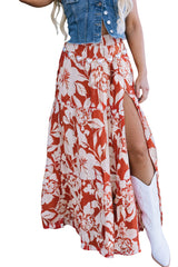 Red High Split Floral Tiered Maxi Skirt