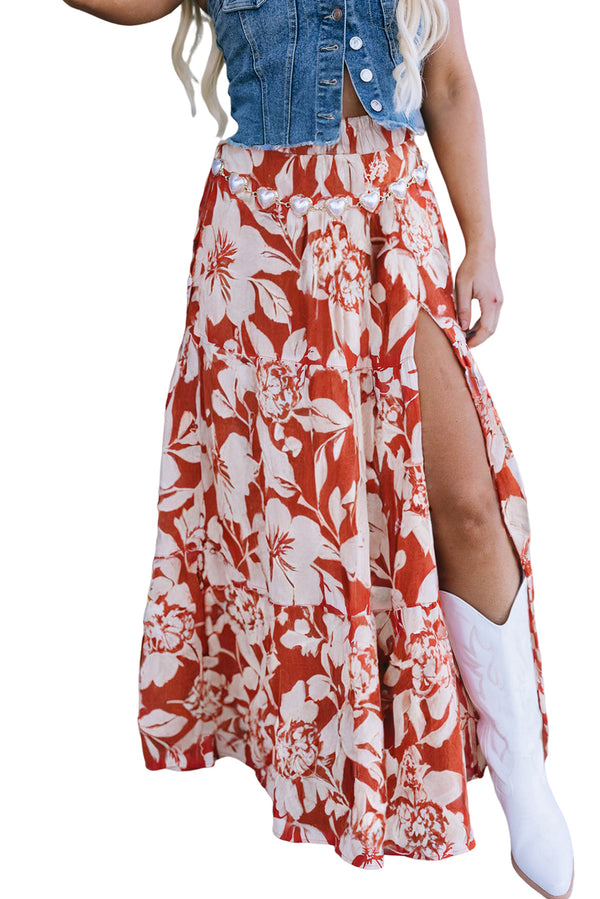 Red High Split Floral Tiered Maxi Skirt