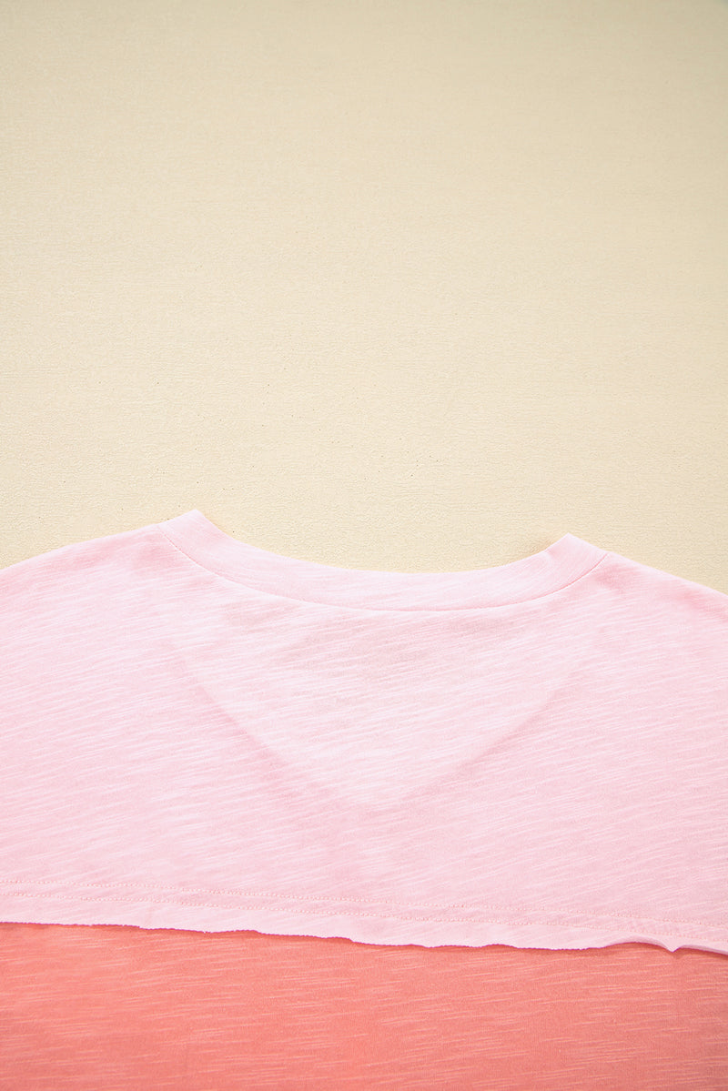 Pink Flower Patched Exposed Seam 3/4 Sleeve top