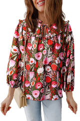 Red Floral 3/4 Sleeve Lace-up Neck Blouse