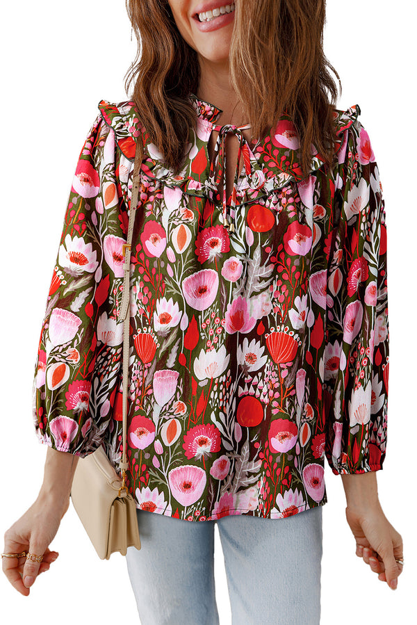Red Floral 3/4 Sleeve Lace-up Neck Blouse
