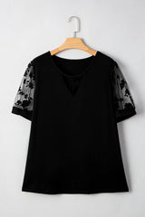 Black Plus Size Floral Mesh Patchwork Loose V Neck T Shirt