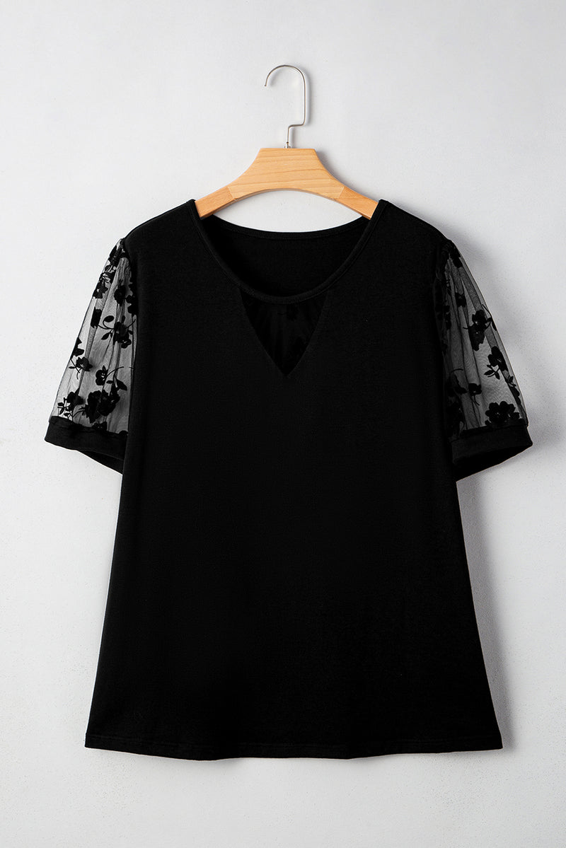 Black Plus Size Floral Mesh Patchwork Loose V Neck T Shirt