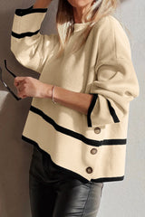 Simply Taupe Ribbed Knit Contrasted Stripe Detail Button Side Loose Sweater
