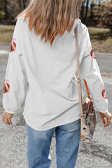 White Twisted Ribbed Sequin Bow Pumpkin Patch Application Graphic Sweatshirt