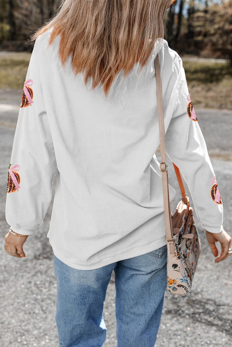 White Twisted Ribbed Sequin Bow Pumpkin Patch Application Graphic Sweatshirt