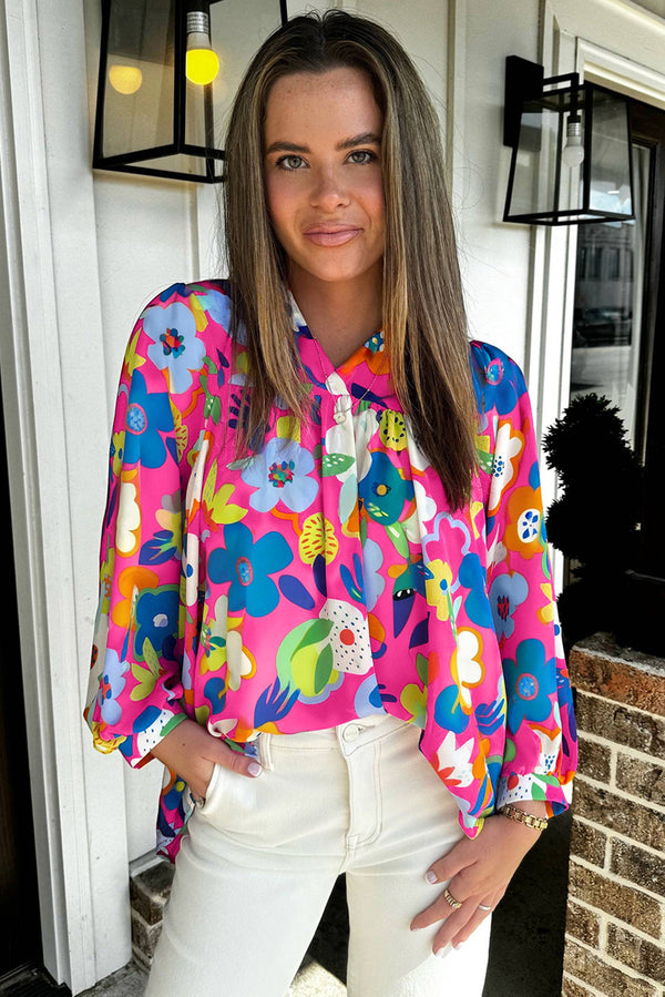 Rose Flower Print Bomb V Neck Blouse