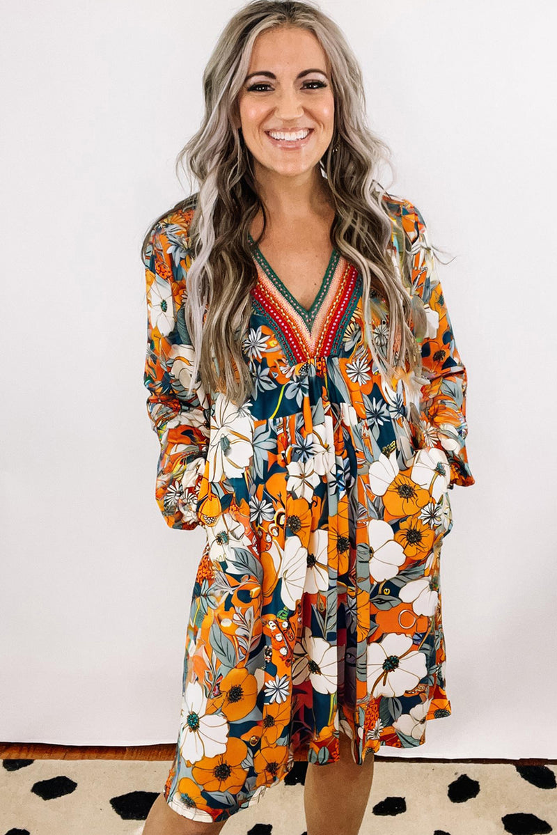 Orange Floral Print Striped Lace V Neck Long Sleeve Mini Dress