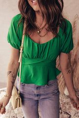 Dark Green Solid Color Ruched Crossed Waist Tied Back Short Sleeve Peplum Top