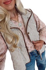 Brown Striped Snap Button Scalloped Hem Winter Vest