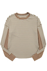 Khaki Stripe Patchwork Knit Drop Shoulder Top