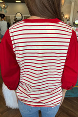 Red Stripe Half Placket V Neck Contrast 3/4 Sleeve Patchwork Top