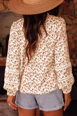 Khaki Printed Floral Print Lace Detail Puff Sleeve Fall Shirt