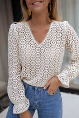 Beige Flower Lace V Neck Puff Sleeve Top