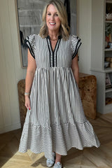 Black Stripe Double Ruffled Short Sleeve Contrast Trim V Neck Midi Dress