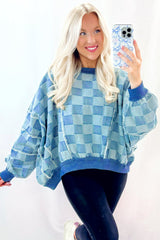 Sky Blue Checkerboard Splicing Raw Detail Oversized Denim Pullover