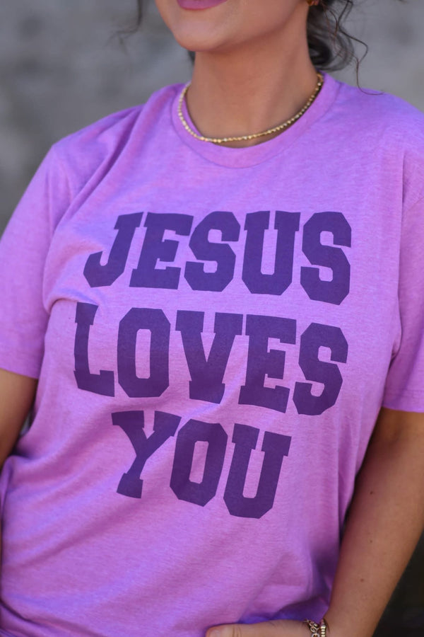 Jesus Loves you purple tee
