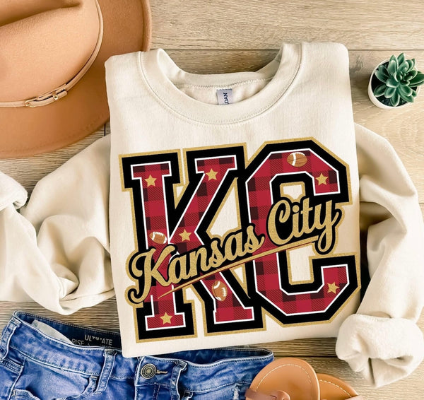 Plaid letters KC chiefs tan sweatshirt