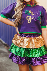 Tillandsia Purple Mardi Gras Tinsel Graphic Short Sleeve Sweater