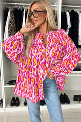 Rose Red Leopard Print Balloon Sleeve Loose Blouse