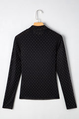 Black Rhinestone Embellished Mesh Long Sleeve Top