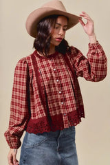 Red Dahlia Plaid Lace Hem Button Down Shirt