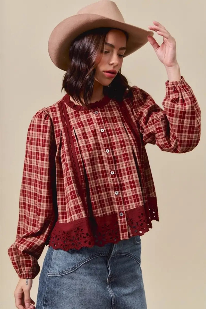 Red Dahlia Plaid Lace Hem Button Down Shirt