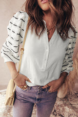 White Button Placket 3/4 Striped Sleeve Patchwork Rib Knit Top