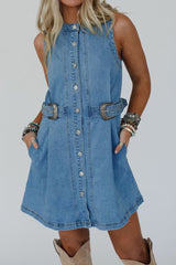 Myosotis Western Belt Detail Button Down Sleeveless Denim Short Dress
