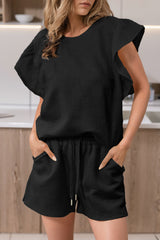 Black Textured Ruffle Sleeve Tee and Drawstring Shorts Set