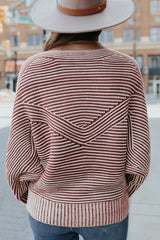 Light French Beige Striped Print Ribbed Knit Raglan Sleeve Baggy Sweater