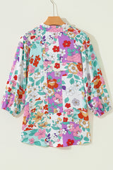 Pink Floral Print Patchwork Frilly Neckline Long Sleeve Shirt