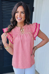 Rose Stripe Shirred Yoke Ruffled Short Sleeve Blouse