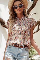 Red Boho Floral Frilled Button Neck Ruffle Short Sleeve Blouse