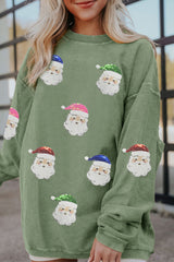 Grass Green Corded Ribbed Santa Claus Graphic Sequins Patch Sweatshirt