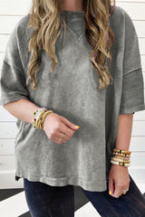 Strawberry Pink Mineral Wash Drop Sleeve Patchwork Plus Size Tee
