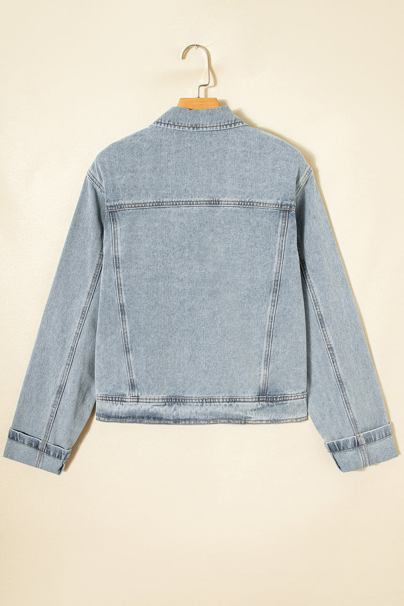 Beau Blue Street Style Zip Up Washed Denim Jacket