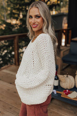 White Hollowed Detail Wide Sleeve Loose Pullover Sweater