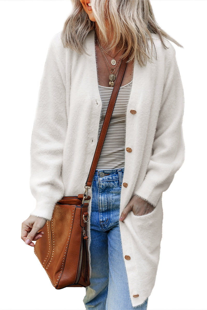 White Fuzzy Buttoned Front Midi Solid Cardigan