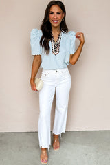 Sky Blue Stripe Ricrac Trim Short Puff Sleeve Leopard Patchwork Collar V Neck Blouse