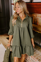 Jungle Green  Quarter Zip Collar Bracelet Sleeve Textured Mini Dress