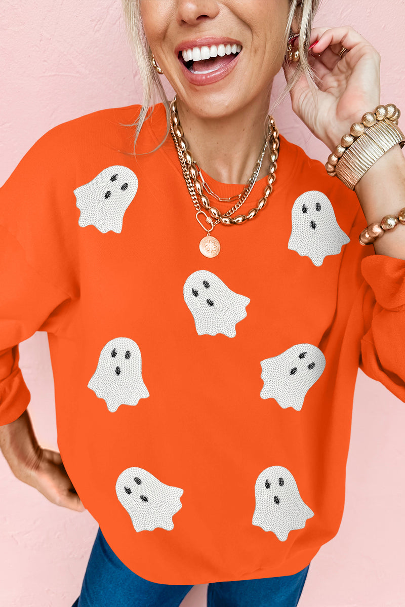 Black Sequin Halloween Ghost Patched Drop Shoulder Sweatshirt