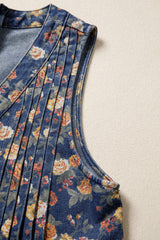 Blue Retro Floral Print Bow Tie V Neck Sleeveless Pleated Loose Denim Romper