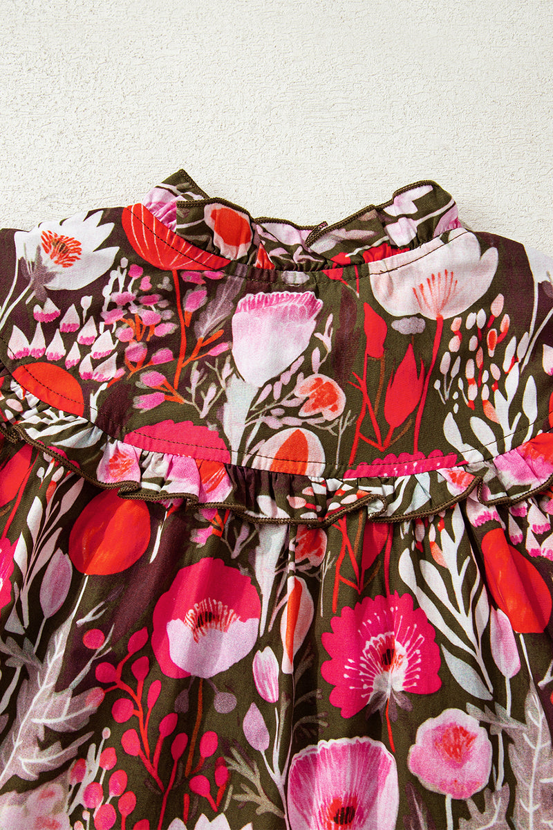 Red Floral 3/4 Sleeve Lace-up Neck Blouse