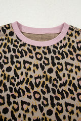 Pink Leopard Print Contrast Edge Long Sleeve Pullover Shorts Set