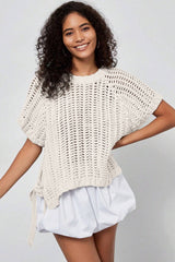 Black Plus Size Open Knit Bow Tie Short Sleeve Sweater