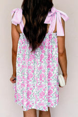 Sky Blue Floral Print Striped Patchwork Bow Knot Straps Mini Dress